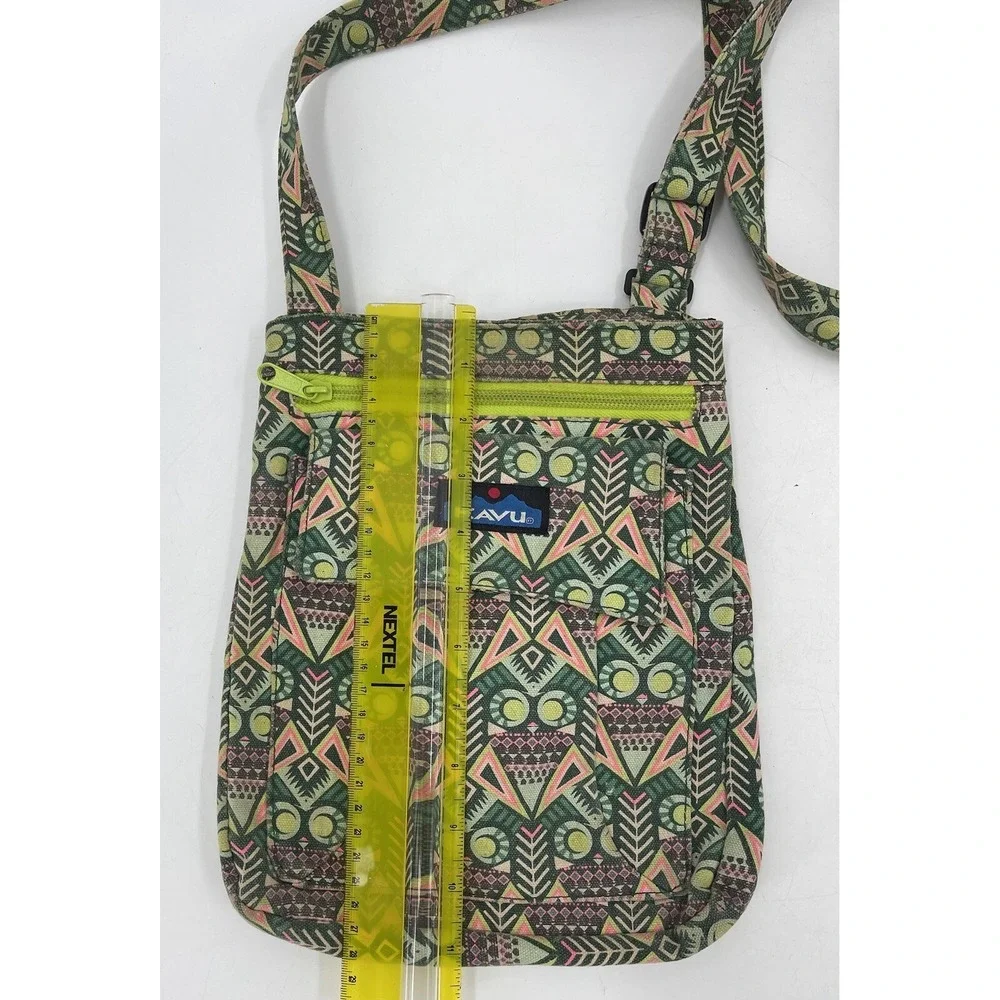 KAVU Canvas Crossbody Adjustable Small Bag Featured In Greens & Corals Geometric